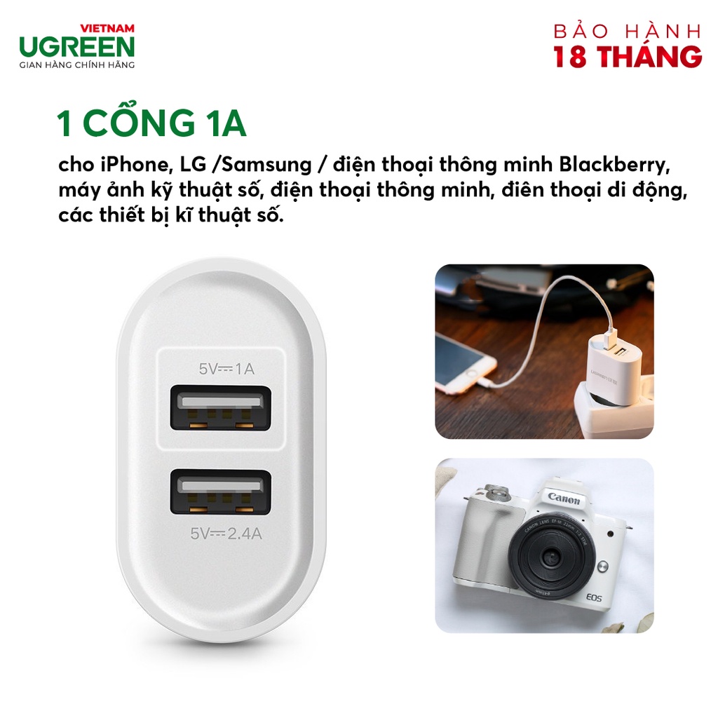 Củ sạc điện thoại 2 cổng 3.4A UGREEN CD104 20575 20576 – Hàng phân phối chính hãng - Bảo hành 18 tháng