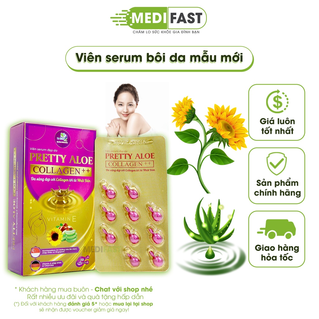 Viên Vitamin E bôi dưỡng da - Pretty Aloe giúp giữ ẩm cho da từ tinh dầu jojoba, vitamin E, Lô hội Hộp 30 viên