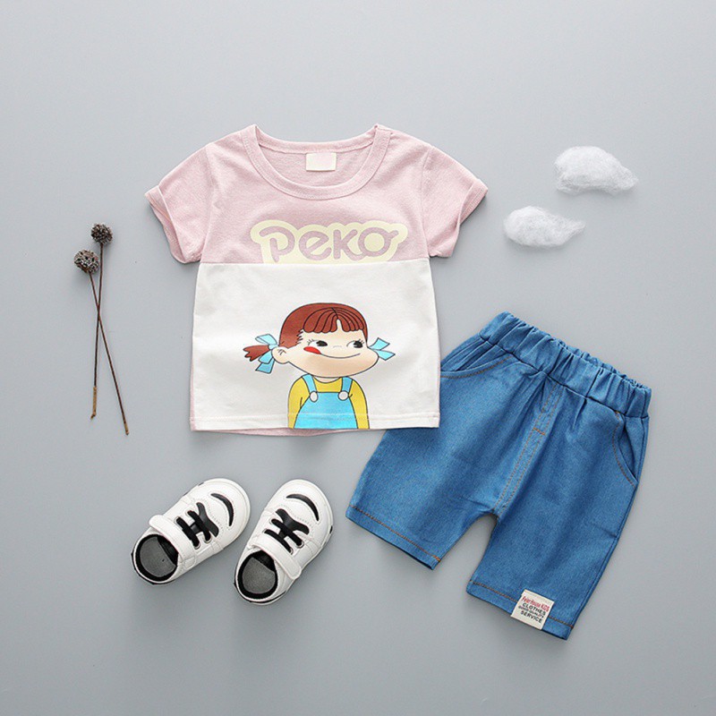 Bộ áo thun cộc tay in hình + quần short cho bé