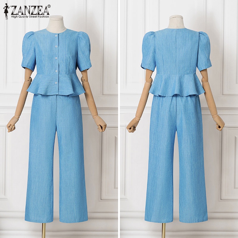 Zanzea Bộ Áo Ngắn Tay Cổ Tròn Phối Bèo + Quần Dài Lưng Thun Ống Đứng Thời Trang Cho Nữ