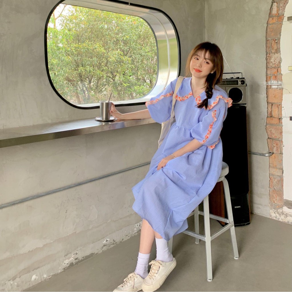 Đầm  caro cổ tiểu thư babydoll Korea