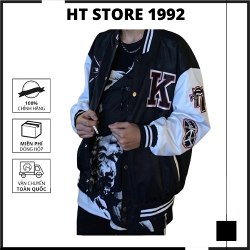 ✢♠▼Áo khoác bomber nam bóng chày chữ K phối màu đen trắng đẹp dễ mặc, dù 2 lớp unisex - K078