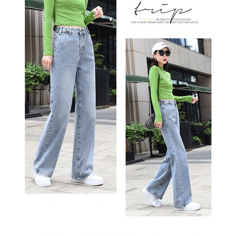 Quần jean nữ baggy cạp cao ống rộng đứng điều eo có Big size