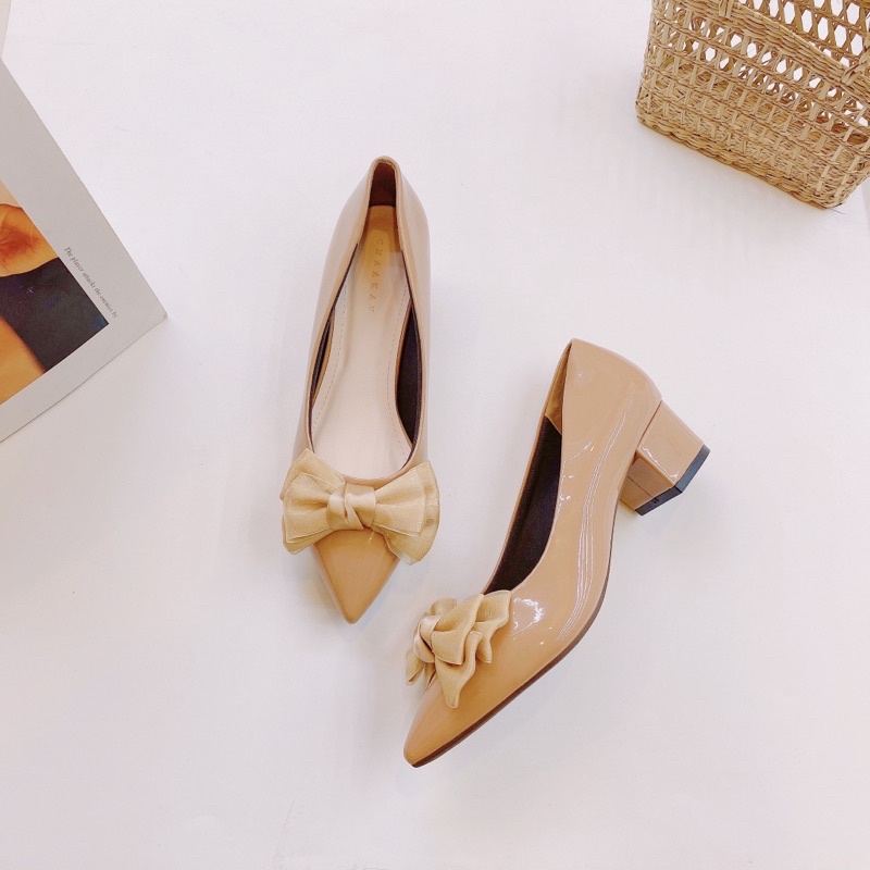 Giày da bóng mũi nhọn nơ lụa 3p - 1053