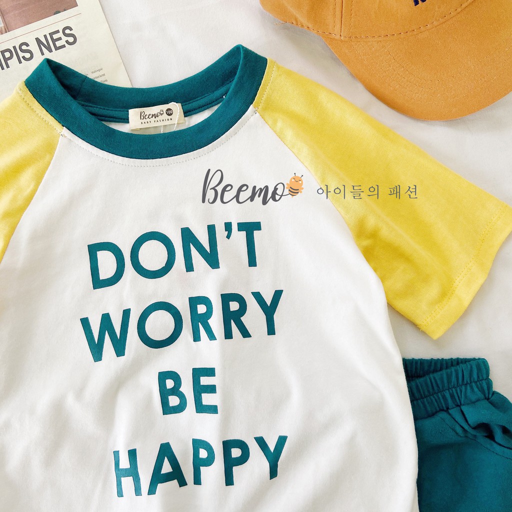 Bộ bé trai gái cotton Beemo Chất liệu mềm mịn, tay phối màu nổi bật, họa tiết &quot;Don't Worry&quot; đáng yêu B047