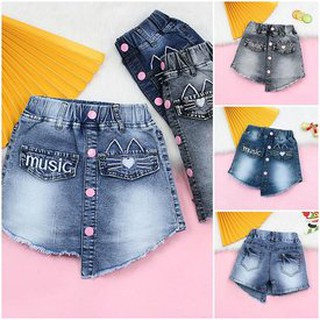 35288 Quần Jean Trẻ Em Giả Váy Lệch Tà Thêu Mèo Sành Điệu Size Đại (5 - 11 tuổi)