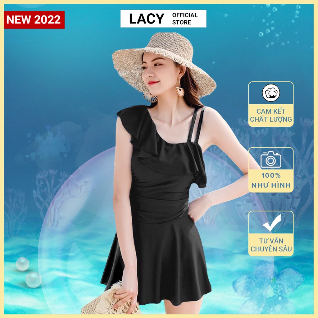 Bikini kín đáo 1 mảnh liền thân dáng váy có mút ngực xếp ly lệch vai che khuyết điểm eo có quần đùi bên trong váy LACY