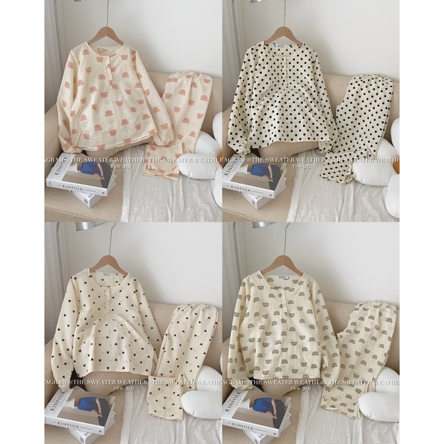 (Ảnh thật) Bộ đồ ngủ đũi nhăn dáng dài Hàn Quốc the.sweaterweather TSW
