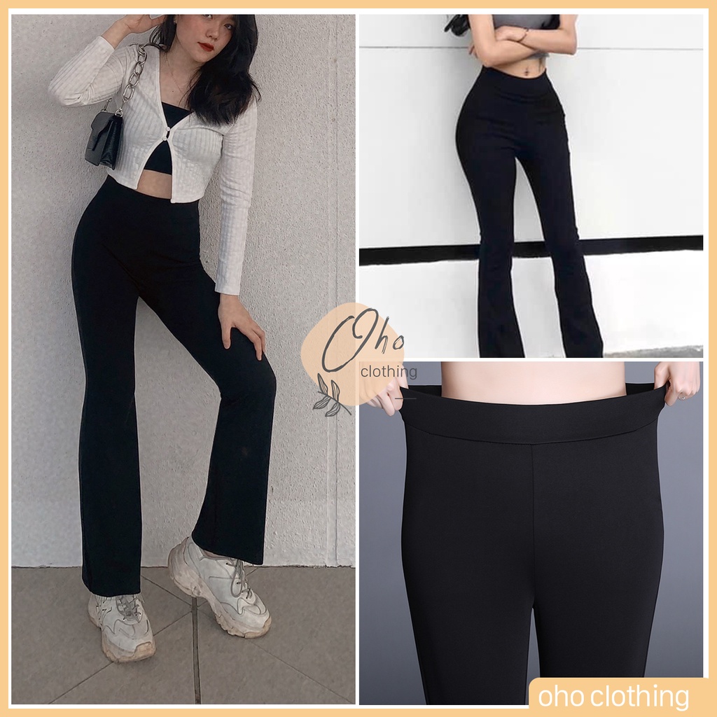 Quần ống loe nhẹ nữ cạp cao siêu hack dáng legging dáng dài đen cá tính VENUSA Q001