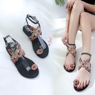 Giày sandal nữ đế bệt đính đá pha lê phong cách Bohemian
