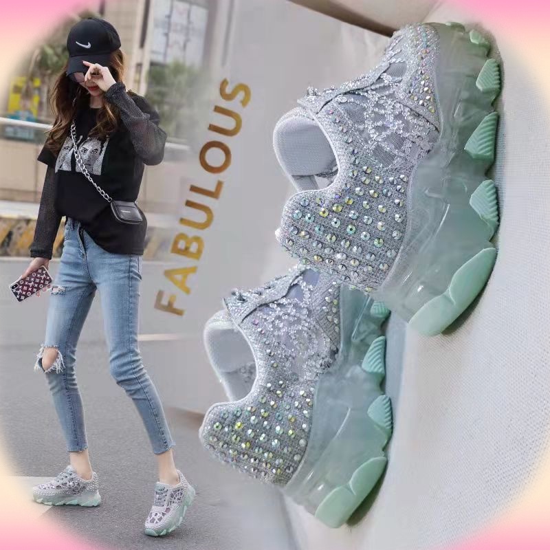 Giày Thể Thao Mùa Hè Thoáng Khí Đế Phối Đá Kim Sa Lấp Lánh Phong Cách Mới Cho Nữ