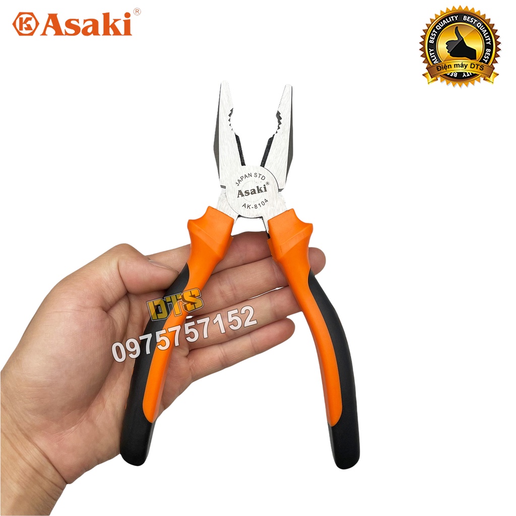 Kìm điện 8 inch kiểu Đức Asaki, kềm răng tổ hợp A+cut Tech thép CR-V siêu cứng chống gỉ sét, cắt tuốt dây đa năng