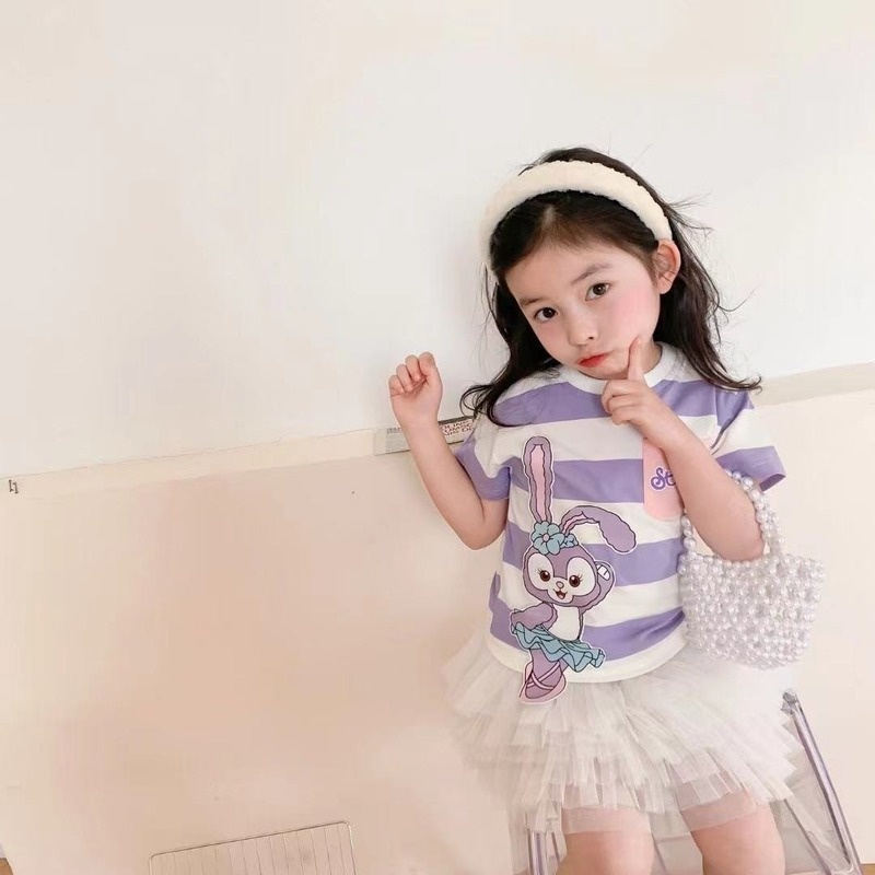 Áo Thun Cotton Ngắn Tay Họa Tiết Kẻ Sọc Hoạt Hình Thời Trang Mùa Hè Cho Trẻ Em