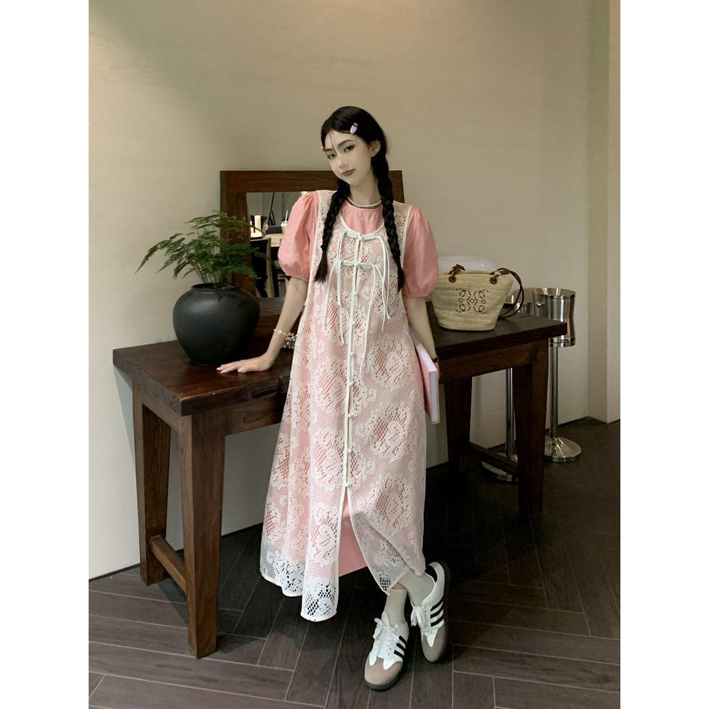 63363 Đầm Sơ Mi Tay Phồng Phong Cách Mới Với Áo Vest Ren Móc