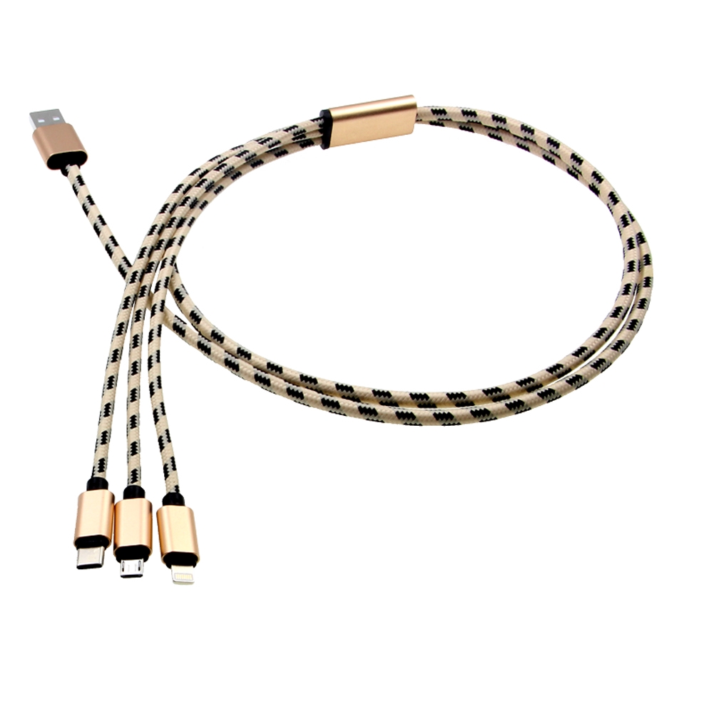 Cáp sạc nhanh dây bện thiết kế 3 trong 1 cổng Micro USB + iOS + Loại C tiện dụng