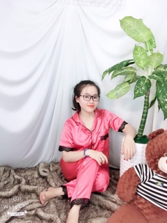 Pizama phi lụa ren tay ngắn quần dài