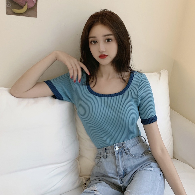 Porozi  Áo thun crop top  tay ngắn cổ vuông eo cao 4 màu lựa chọn phong cách Hàn Quốc cho nữ