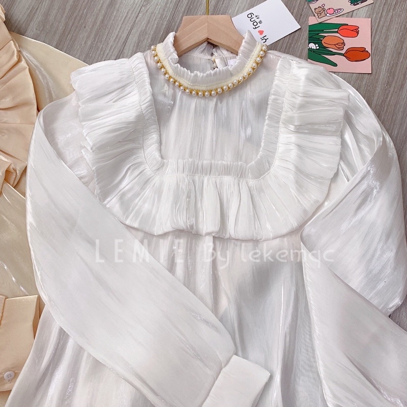 Áo Sơ Mi Trắng Tơ Óng Kiểu Mới Tiểu Thư Bánh Bèo Siêu Xinh , Áo Tay Bồng Cổ Viền Bèo A20