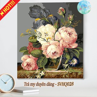 Tranh sơn dầu số hóa có khung tự tô màu theo số TRÀ MY DUYÊN DÁNG SVHQ028 ( Tranh tô màu bông hoa trà đẹp góc sắc màu )