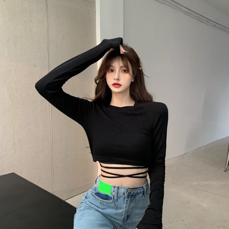 Áo thun crop top tay dài cổ tròn màu trơn đơn giản phong cách Hàn Quốc thời trang cho nữ