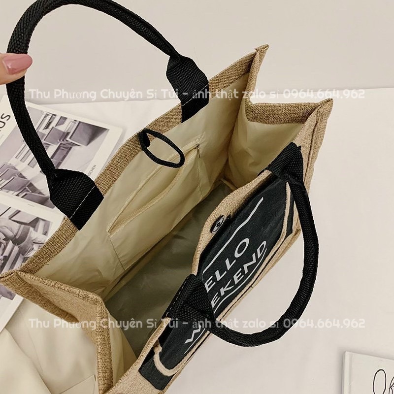 Túi cói đi du lịch, đi biển HELLO WEEKEND hàng loại 1, from cứng cap đựng được nhiều đồ