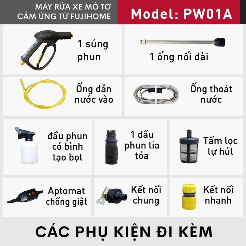 Máy xịt rửa xe tăng áp lực cao chống giật cho xe máy ô tô Fujihome, máy bơm rữa xe cầm tay cao áp nhỏ gọn cho gia đình