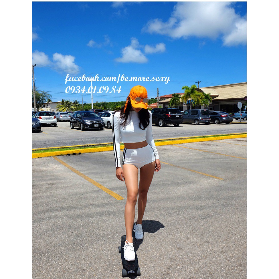 Đồ bơi nữ dài tay Hàn Quốc áo lửng quần cạp cao sọc | BigBuy360 - bigbuy360.vn