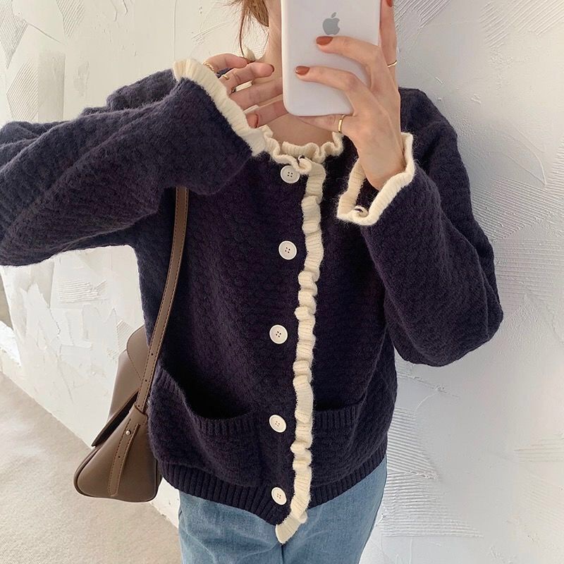 Áo khoác Cardigan dệt kim cổ tròn tay dài dáng rộng phong cách Hàn Quốc mới