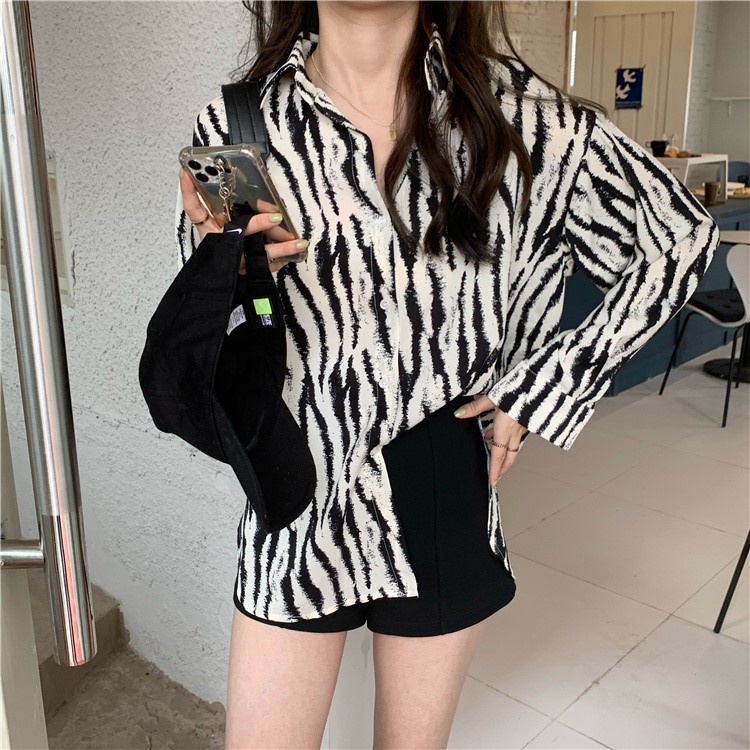 Áo Sơ Mi Nữ Tay Dài Họa Tiết Ngựa Vằn Phong Cách Hàn Quốc Mới