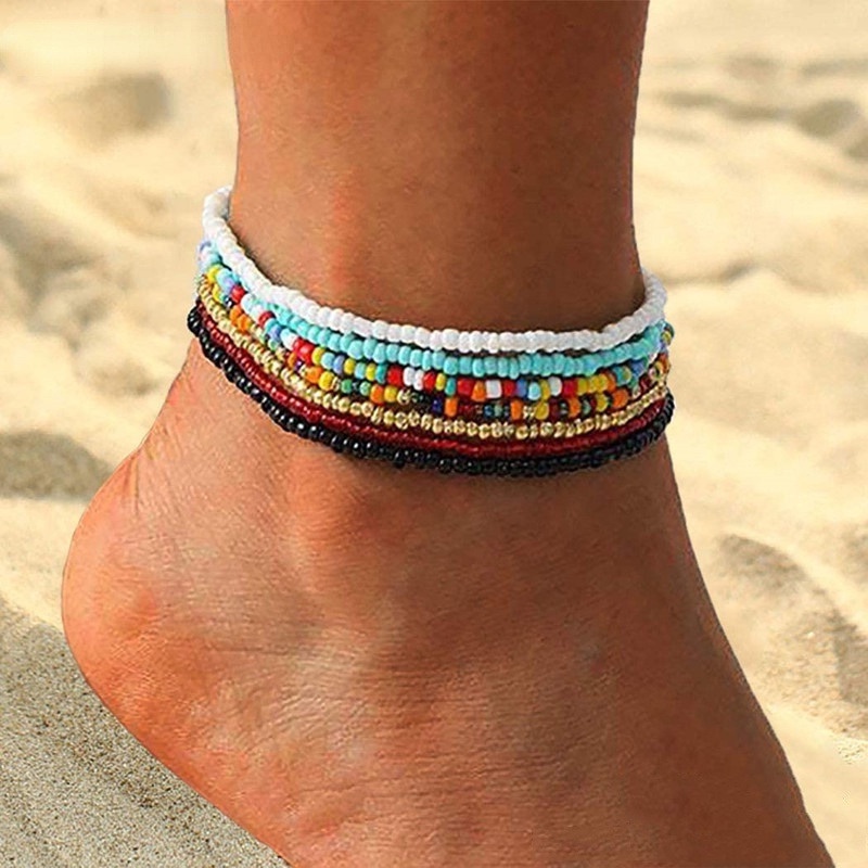 Bộ 7 Vòng Đeo Chân Co Giãn Xỏ Hạt Màu Cầu Vồng Phong Cách Bohemian Dành Cho Nữ