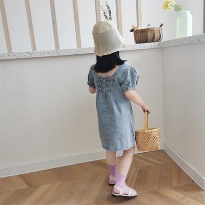 Đầm Denim Tay Phồng Đơn Giản Phong Cách Hàn Quốc Cho Bé Gái