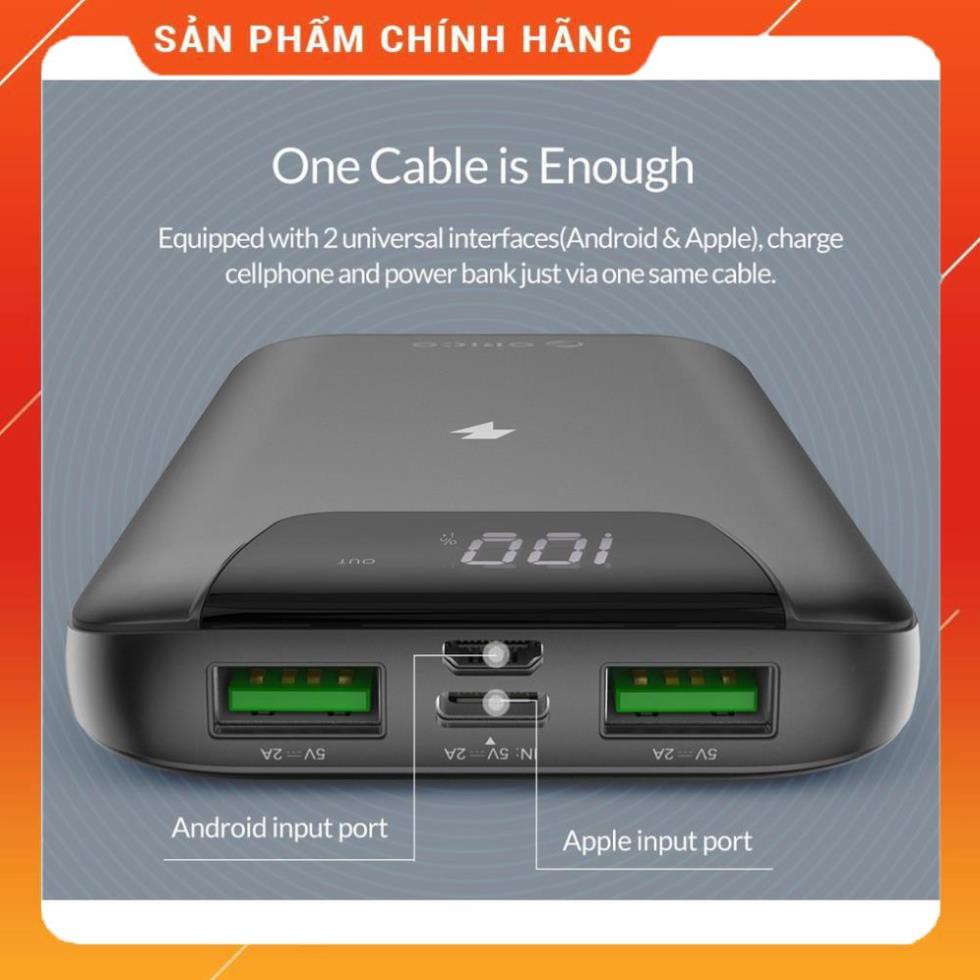 Pin Sạc Dự Phòng Tích hợp sạc không dây & màn hình LED 10000 mAh Orico WR10-Chính Hãng BH 12T