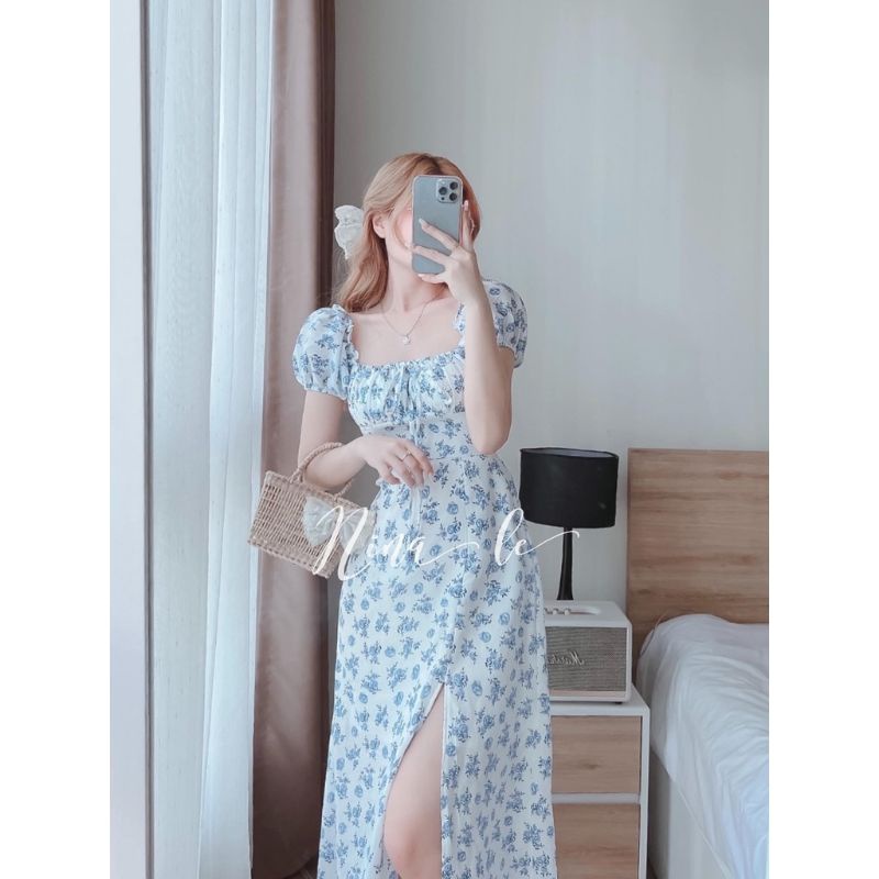 Váy midi hoa nhí cổ vuông xẻ tà, váy hoa nhí trễ vai buộc nơ cổ , đầm hoa nhí voan nhún ngực xẻ tà