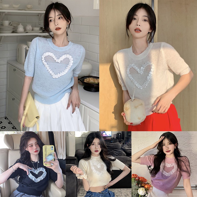 Áo Thun Dệt Kim Cổ Tròn Dáng Rộng Thoáng Khí In Họa Tiết Ba Chiều Thời Trang Hàn Quốc Cho Nữ