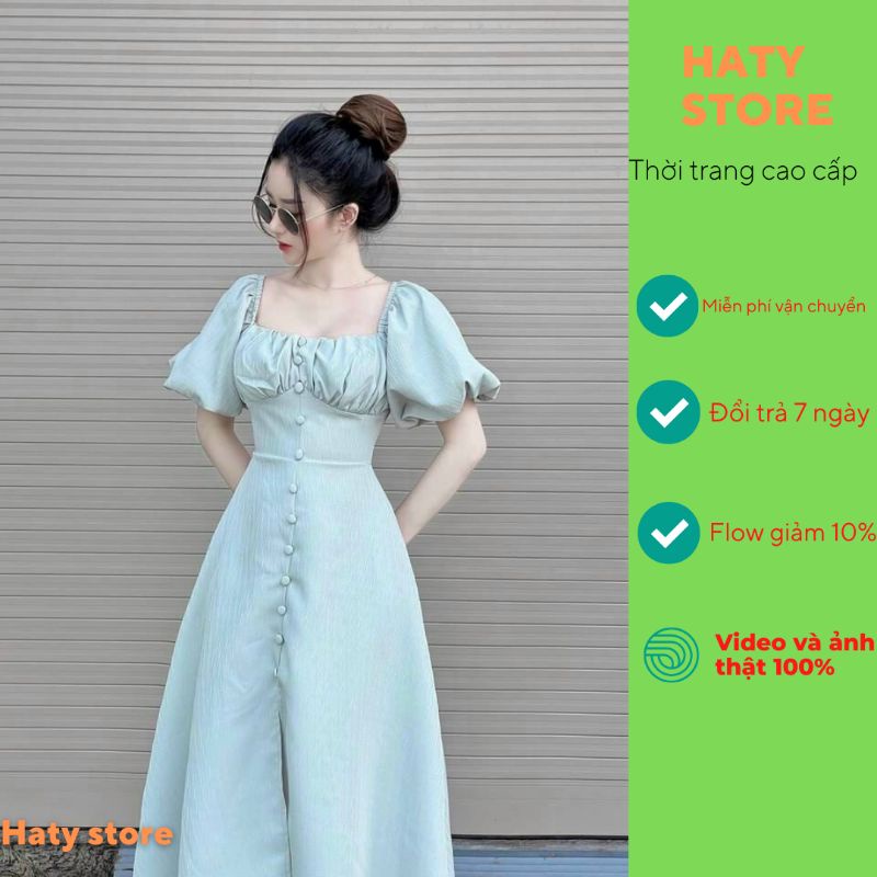 Váy đầm thiết kế dự tiệc DX17 tay phồng xếp li ngực cổ vuông dáng xòe xẻ tà FREESIZE ( xanh ,nâu ,đen) lụa cao cấp HATY
