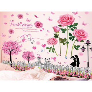 Decal dán tường combo 2 tranh Hoa hồng + hàng rào pink love