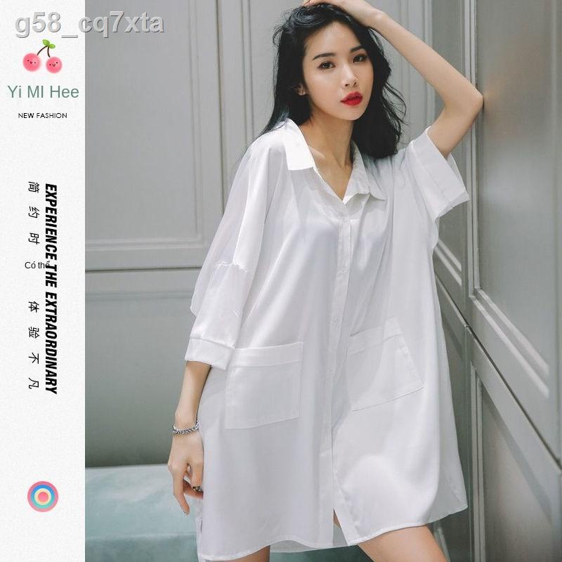 2021 váy ngủ nữ mùa hè băng lụa sexy mỏng kiểu bạn trai áo sơ mi lưới màu đỏ trung thu mô phỏng đồ xuân và
