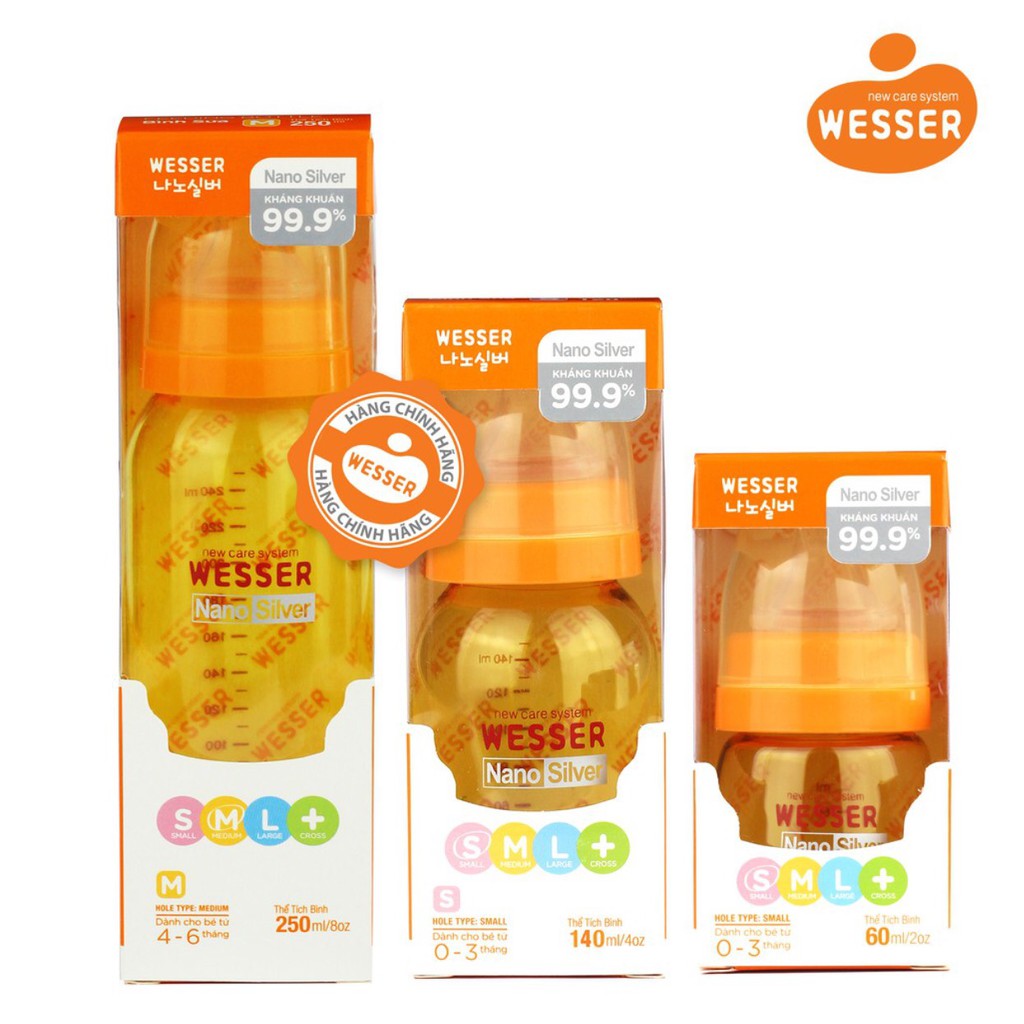 [mẫu mới] COMBO 3 BÌNH SỮA WESSER CỔ HẸP 60ML-140ML-240ML