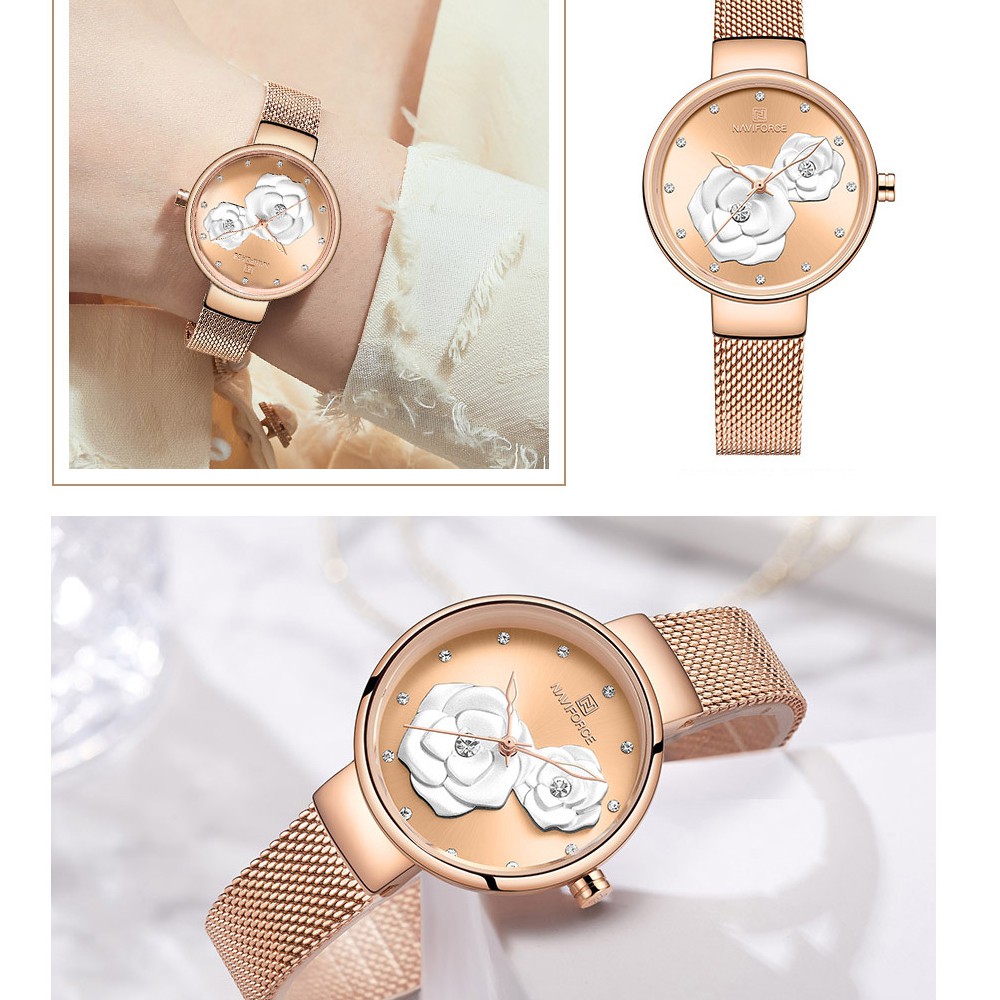Đồng Hồ Đeo Tay NAVIFORCE Bằng Thép Không Gỉ Dạng Lưới Màu Vàng Hồng Sang Trọng Thời Trang Cho Nữ 5013
