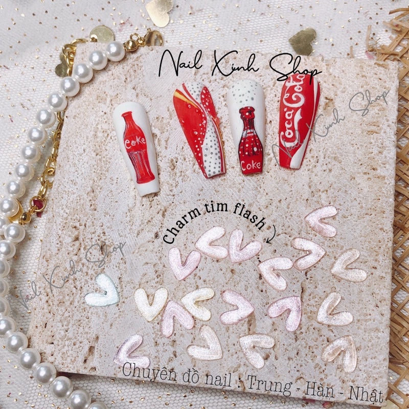 Set 10 charm tim flash mắt mèo - phụ kiện nail hot