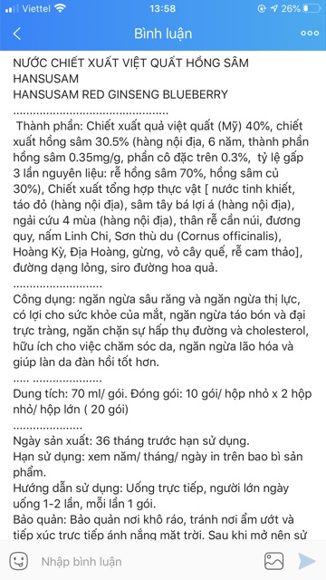 [Mã GROSALE2703 giảm 8% đơn 250K] [HÀNG MỚI VỀ] Nước Chiết Xuất Hồng Sâm Việt Quất HANSUSAM Hàn Quốc | BigBuy360 - bigbuy360.vn
