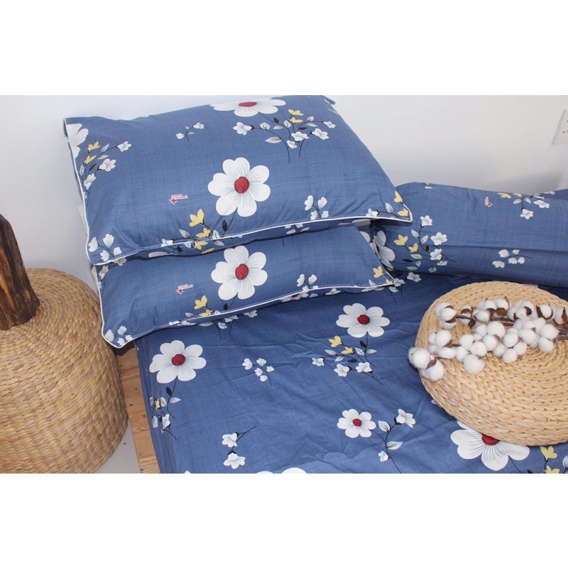 bộ drap cotton 100% Thắng lợi có in logo Thắng lợi chính hãng Hoa xanh dương