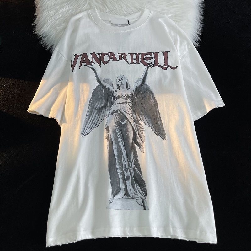 Áo thun MMIOT tay ngắn cổ tròn in họa tiết thiên thần phong cách cổ điển Mỹ thời trang mùa hè 2023 cho nữ