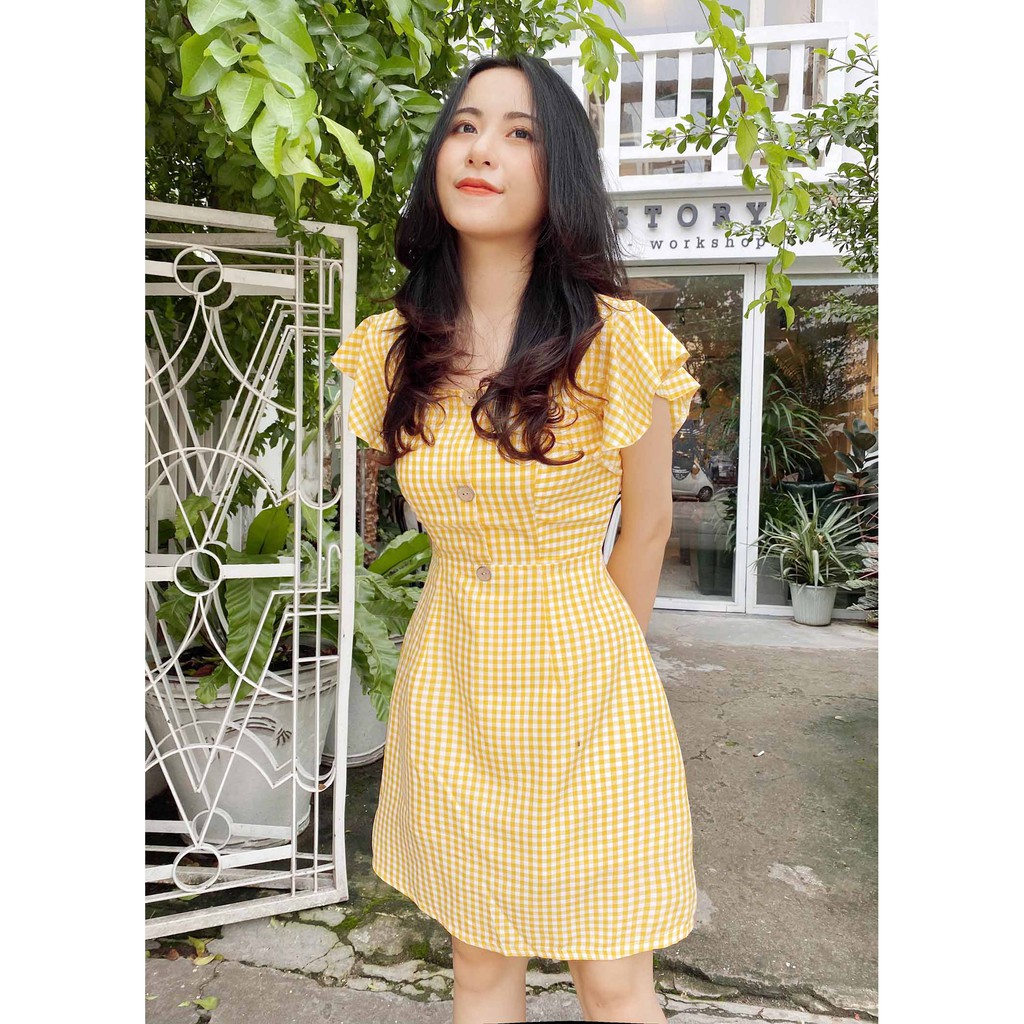 Đầm nữ caro vàng xinh bánh bèo thiết kế xòe tay cánh nhẹ nhàng eo tôn dáng chất lụa mềm may 2 lớp - Thời trang Lux W | BigBuy360 - bigbuy360.vn