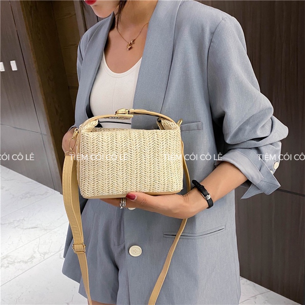 Túi xách đan rơm loại 1 cầm tay phối da thiết kế xinh xắn hợp thời trang - Tiệm Cói Cô Lê
