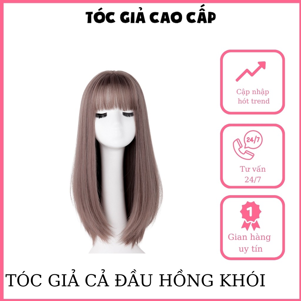 Tóc giả nữ nguyên đầu màu hồng khói, thẳng lỡ xám hồng, tặng kèm lưới trùm tóc, wig