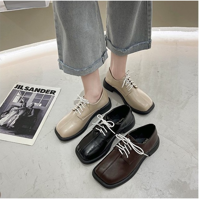 Giày Nữ Ulzzang Vintage, Giày Oxford Doctor Mũi Vuông Da Mềm Thắt Dây Trắng Đế Độn 3cm, Hàn Quốc - Iclassy_shoes