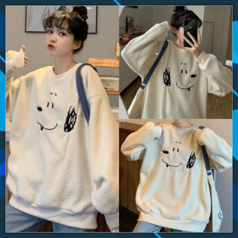 Áo Nỉ Lông Nữ In Hình Dáng Rộng Dài Tay dưới 75kg -  Sweater Lông Hình Cún G039
