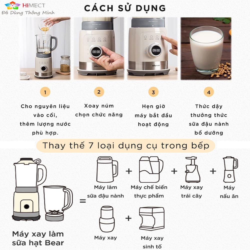 Máy Làm Sữa Hạt Đa Năng Bear Sữa Đậu Lành  Xay Sinh Tố Nấu Cháo 8 Chức Năng Khác Nhau Bear PBJ-B10U5- Himect