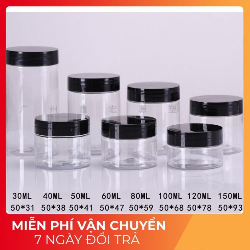 Hủ Đựng Kem ❤ TRÙM SỈ ❤ Hũ nhựa pet Trong Nắp Đen 50g 100g 200g 250g 500g đựng mỹ phẩm , thực phẩm, đồ khô, ngũ cốc